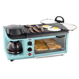Nostalgia 3-in-1 Breakfast Station - Includes Coffee Maker, Non-Stick Griddle, and 4-Slice Toaster Oven - Versatile Breakfast Maker with Timer - Aqua