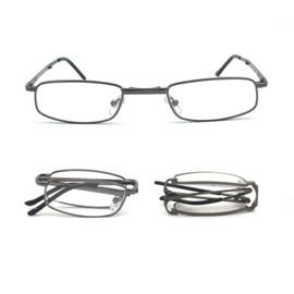 EYE ZOOM Compact Rectangular Metal Folding Reading Glasses with Leather Case for Men and Women, Gunmetal Frame, Navy Blue Case, +2.75 Strength