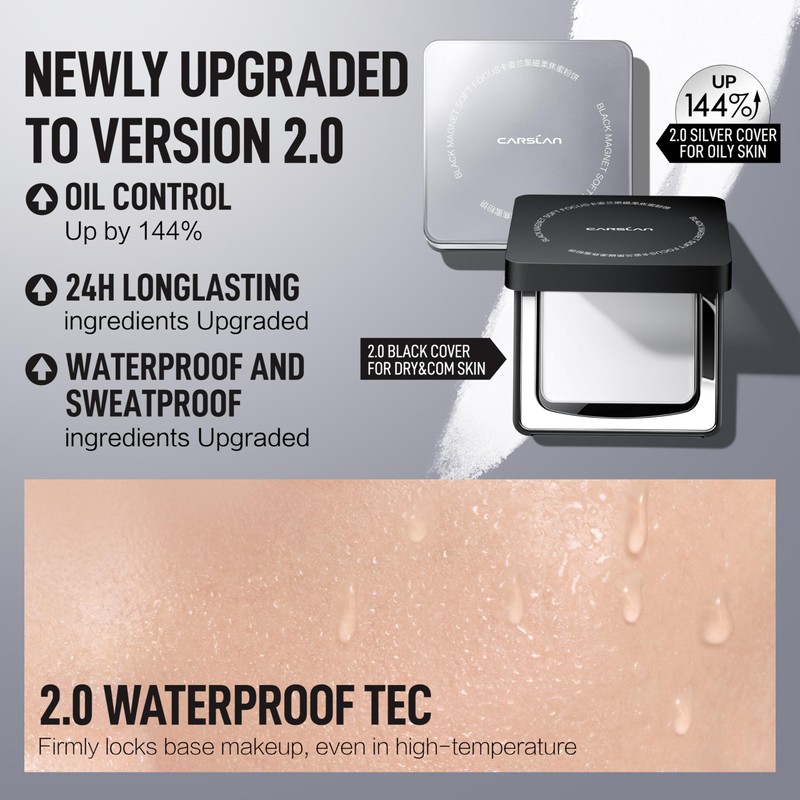CARSLAN 2.0 Black Magnet Soft Focus Powder, Waterproof Translucent Pressed