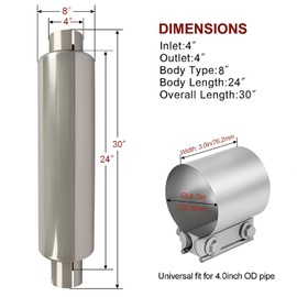 DILENBLE 4" Inlet/Outlet Diesel Muffler Exhaust - 8x24" Body, 30" OAL - Straight Through Stainless Steel - Universal Welded Exhaust