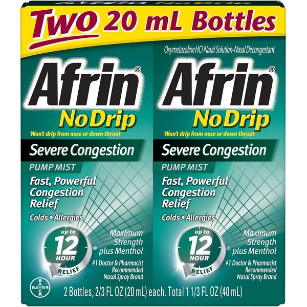 2 Pack Combo Afrin No Drip Severe Congestion 12 Hours Relief Nasal Decongestant Bottle of 2/3 Oz