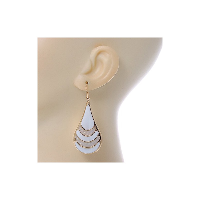 White Enamel With Glitter Element Teardrop Earrings/Gold Tone/ 65mm L