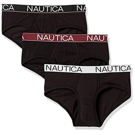 Nautica Men's 3 Pack Cotton Stretch Briefs, Black-Black/Tawny Port/White Waistband, Medium