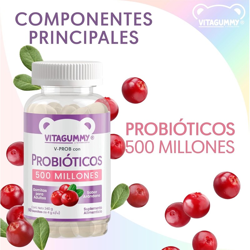 Gomitas V-PROB con probioticos sabor arandano, frasco con 60 gomitas