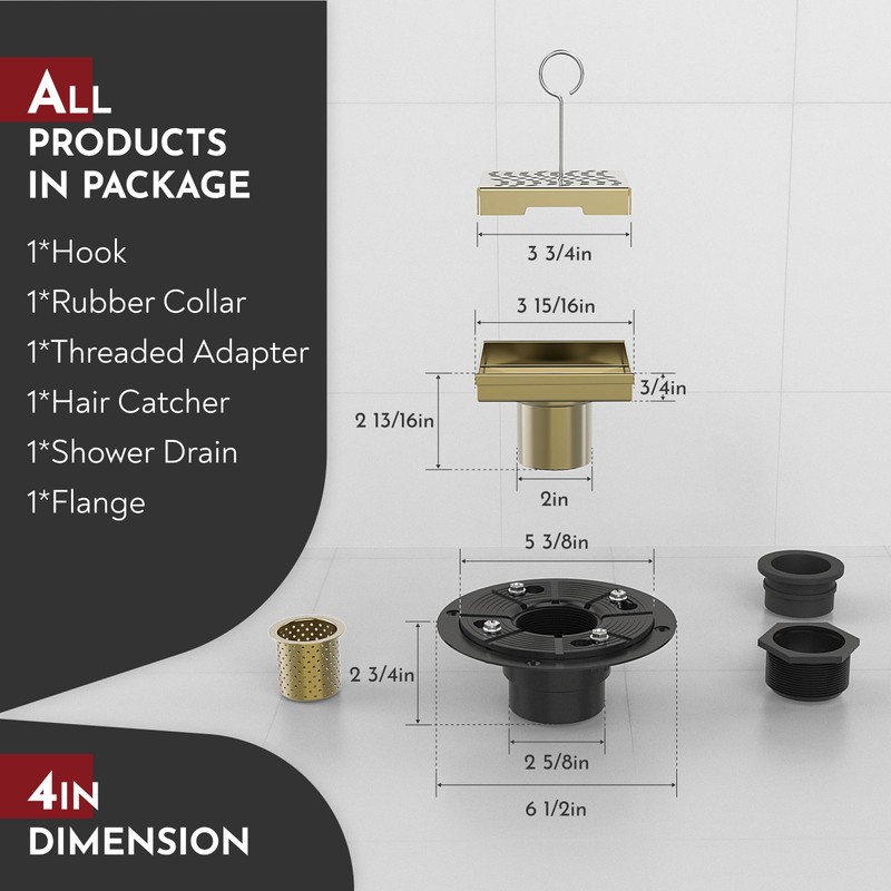WEBANG 4 Inch Square Shower Drain Gold Floor Drain with