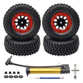 Newzoll 4-Pack 1/10 RC Crawler Tires and Wheels, 1.9 inch Plastic Beadlock Wheel Rim 12mm Hex Hub Off Road Crawling Rubber Tire OD 100mm, Red