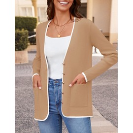 ZESICA Women's Fall Fashion Cardigan Sweaters Long Sleeve Button Open Front Color Block Coatigan with Pockets Khaki L