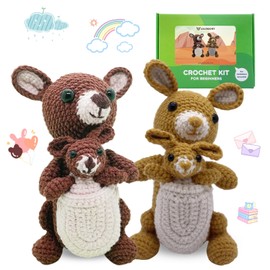 Couple Kangaroos Crochet Kit for Beginners Intermediates, 2 Pcs Animals Crochet Starter Kit w Step-by-Step Video Tutorial, Easy Knitting Set for Kids Adults Crocheting Doll Xmas Gift