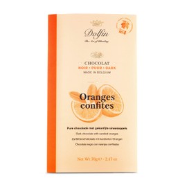Dolfin Belgian Chocolate - "Écorces d'oranges confites" Dark Chocolate Bar with Crystallized Orange Peel, 70g/2.47oz.