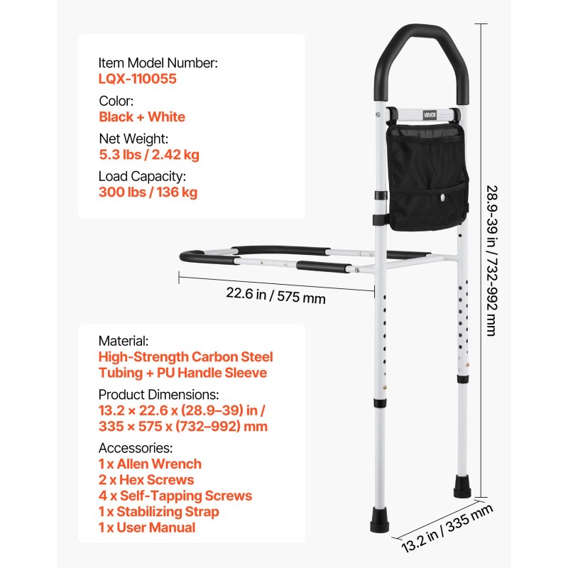 VEVOR Bed Rail for Elderly w/ Supporting Leg, Adjustable Assist
