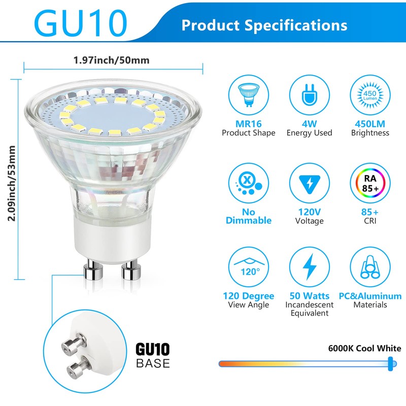 Maylaywood GU10 LED Light Bulbs, 50 Watt Halogen Equivalent, 6000K
