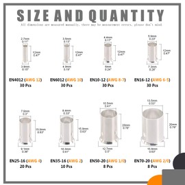 Rustark - 166 virolas de alambre AWG12 10 8 6 4 2 1/0 2/0 8 tamaños surtidos, kit de 8 tamaños de alambre estañado, manguitos de conector de crimpado de cobre, virolas no aisladas, terminal de extremo
