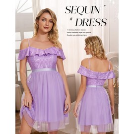 Wedtrend Women's Glitter Homecoming Dresses Off Shoulder Ruffle Cocktail Dress Tulle Skater Sparkly Sequin Dress Fancy Short Bridesmaid Dresses WTS6002DarkLavenderS