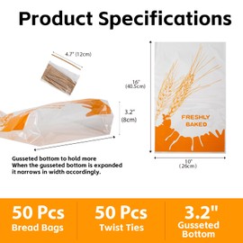 Lesibag Plastic Bread Bags with Ties, Clear Loaf Bags for Homemade Bread, Sandwich, Muffins, and Baked Goods (Orange (Pack of 50))