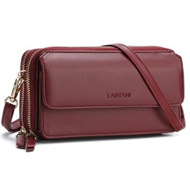 Lanyani Women Crossbody Wallet RFID Blocking Cell Phone wristlet Purse with shoulder strap small crossbody bag (Wine Red)