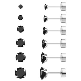 6 Pairs Earrings Set Hypoallergenic Cubic Zirconia 316L Earrings Stainless Steel Earrings for Women (Black)