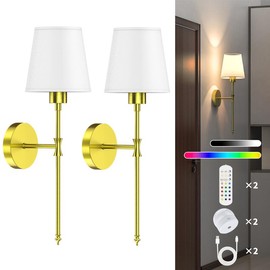 Viyawise Wall Lights Set of 2 with 2 Bulbs, 2 Type-C Cables & 2 Remotes – Battery Operated Wireless Wall Sconces, 9-Color Modes Rechargeable Lamps for Bedroom & Living Room:_gold