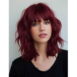 ISAMY Short Bob Wigs With Air Bangs Shoulder Length Women's Wig Bob Curly Wavy Synthetic Cosplay Wig for Girls Daily Use Colorful Wigs (Red)