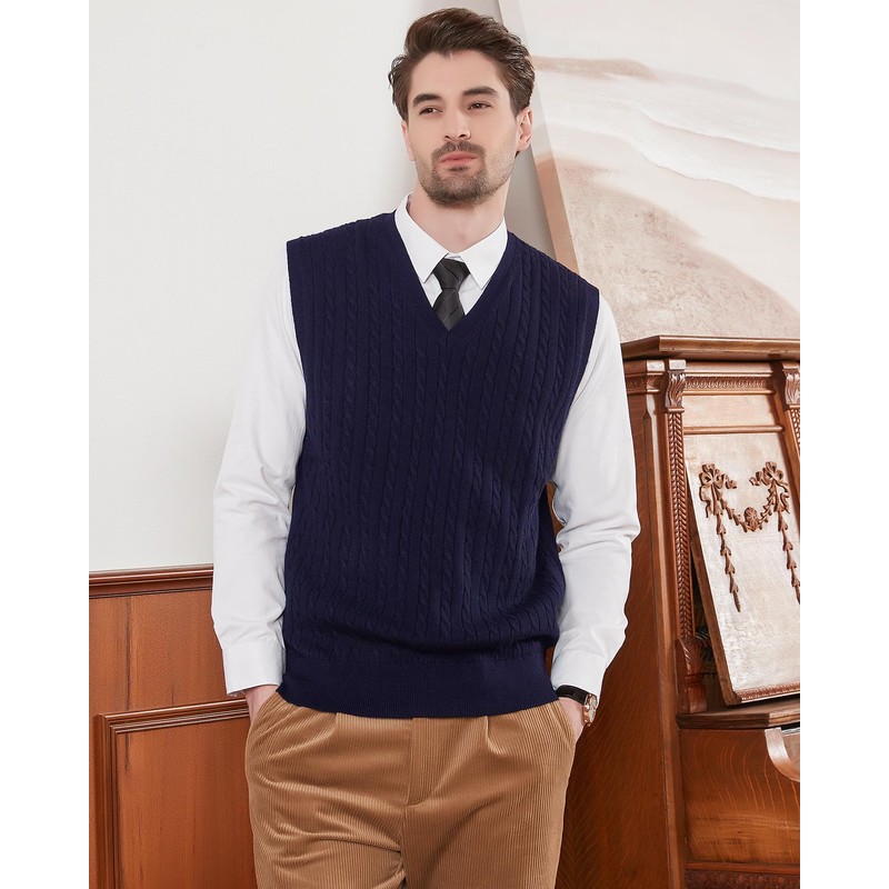 Kallspin Men's Knitted Vest Pulunder Sleeveless Cable Knit V-Neck Wool