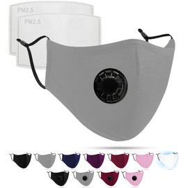 Luftty Mask with Valve, Adjustable Ear Loops and Nose Bridge, Grey Fabric Mask with Filter, Washable Mouth Guard