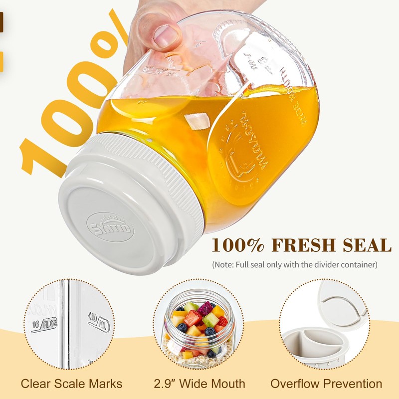 Syntic 32 Oz Glass Overnight Oats Container with Silicone Divider