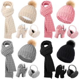 Velmitten 16 Pcs Winter Hat Scarf Gloves and Ear Warmer Set 4 in 1 Winter Set Knitted Pompom Hat Scarf Warm Touch Screen Gloves Earmuff for Women Men Homeless