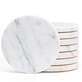 YONGHEE Soft White Marble Coasters Set of 8, Modern Elegant Drink Coasters for Dining Table, 4" Round Polished Natural White Stone Coaster with Grey Veins – Heat Resistant, Non-Slip, Housewarming Gift