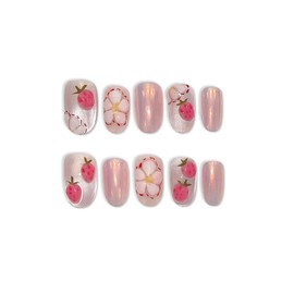 TENPAL Press on Nails 10Pcs with Tools Kit,3D Strawberry Spring Summer Pink Aurora Fake Nails,Cute Floral Almond Short Nails,Full Cover False Nails Simple Blush Glue on Nails Sweet Summer Nails(M)