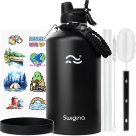 Swigina [2-IN-1 LID] Gallon Insulated Water Bottle with Silicone Boot (48hrs Cold/24hrs Hot) - DIY Stickers, Leakproof, BPA Free, 128 oz