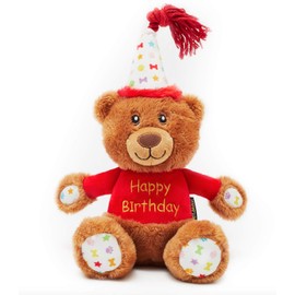 Pet London Happy Birthday Bear Dog Toy - Present to Celebrate Dog's Bday or Adoption - Soft Plush Teddy Gift for Dog or Pup with Embroidered Birthday Message, Squeaky, Stylish Great Animal Gift