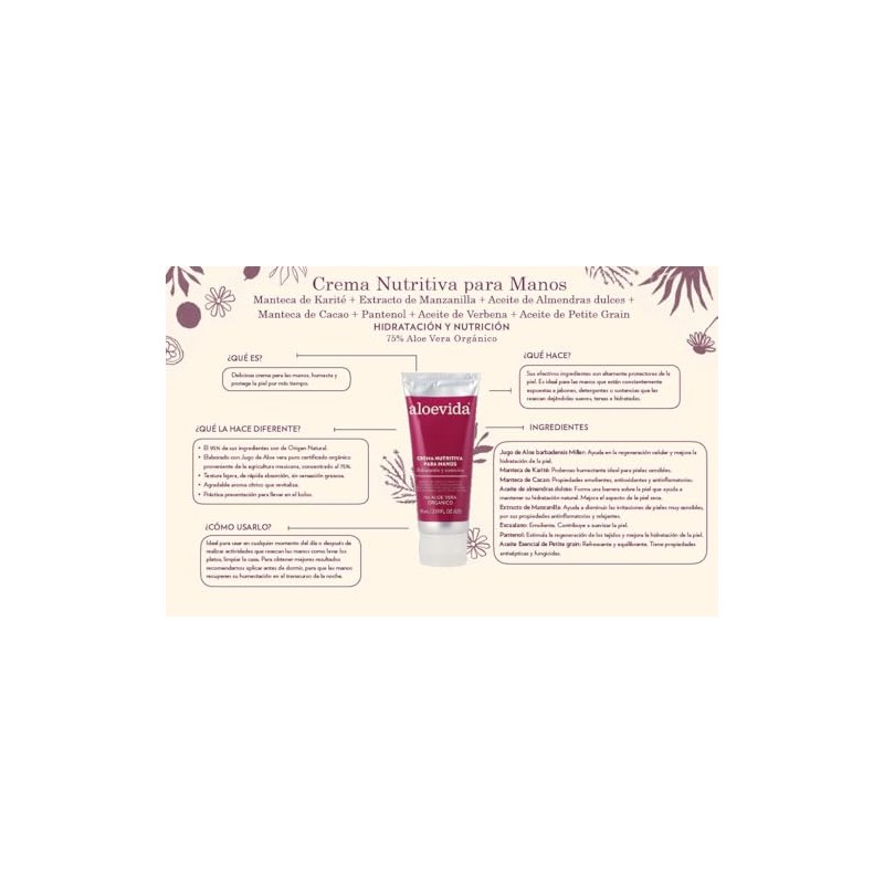 Aloevida Crema Nutritiva para manos 75% Aloe vera orgánico 65ml