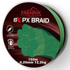 Paradox Fishing 8 x PX Braided Fishing Line, Green, 150 m, 0.20 mm, 12.2 kg, Braided Fishing Line, Tight Braided