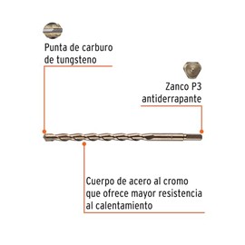 Truper BCT-3/4X12, Broca para concreto con cuerpo de acero al cromo, 3/4 x 12", Caja con 1 pieza