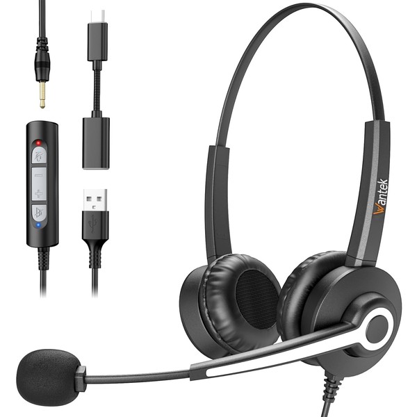 Wantek Computer Headset with Microphone, 3.5MM/USB-C/USB Headset with Microphone Noise