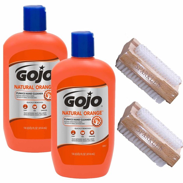 Gojo Soap Natural Orange Pumice Hand Cleaner Heavy Duty Cleaner Citrus Scented Scrub, 2 Bottles 14 OZ each [Total of 28 Oz.] with 2 compatible Sparklen Wooden Nail Brushes