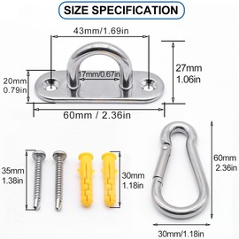 MgcTolBox 4 Set M6 Eye Pad Plate and Metal Staple Ring Hook Heavy Duty Metal Pad Eye Plate and Carabiner Clips with 16 PCS Screws for Yoga Swings Hammocks, Suspension Training Straps,Shade Sails