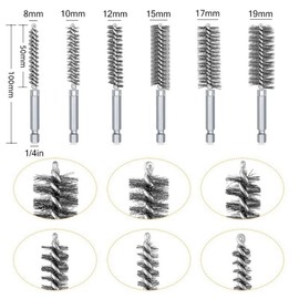 6PCS Stainless Steel Bore Brush Set with 1/4" Hex Shank Twisted Drill Wire Bore Brush Set,Bristles Wire Brush for Power Drill, Different Sizes (8, 10, 12, 15, 17, 19mm) for Rust and Tube Cleaning