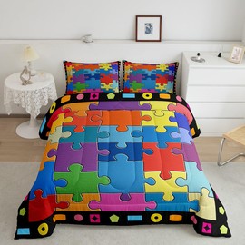 Geometric Jigsaw Puzzle Comforter Set Twin Size,Colorful Patchwork Square Puzzle Bedding Set,Kids Boys Girls Teens Room Decor,Child Funny Games Quilt Set Reversible Black Duvet Insert 2Pcs