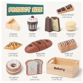 Kienvy 10 PCS Bakery Wooden Play Food Set, Wooden Food Cutting Toys, Play Kitchen Food Toy Accessories with Storage Box, Pretend Play Food for Kids 3-6 Years