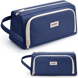 KALIDI Pencil Case 2 Compartments Extra Large Pencil Case School Aesthetic Pencil Case for Girls and Boys, Nylon Navy, Modern