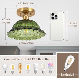 Nogcew Semi Flush Mount Ceiling Light, Vintage Ceiling Light E26 Base, Green Shade Glass Hallway Light Fixture for Kitchen Porch Bedroom,Bulb Included