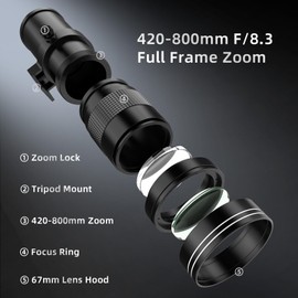 420-800mm F8.3 Super Telezoomobjektiv Full Frame MF Objektiv für Canon EF/EF-S, Nikon F, Sony E Mount Einsteigerobjektiv für Wildtiere, Mondfotografie (inkl. 3 T-Mount Adapter)