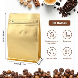 60 bolsas de café en grano de alta barrera con válvula desgasificadora, cierre hermético, termosellables y resellables para almacenamiento de alimentos, hogar y tienda (Dorado)
