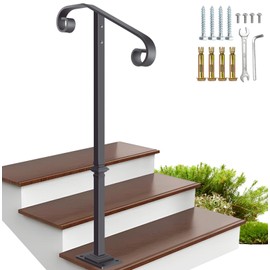 Zwinz Handrail Railing 38.8‘’H, Single Post Handrail Fits 1 or 2 Steps, Sturdy Outdoor Stair Railing for Concrete&Wooden Steps with Base, Wrought Iron Stair Handrails, Grab Rail for Steps Porch, Gray