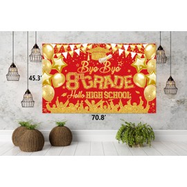 8th Grade Graduation Photo Backdrop, 45.3’’ x 70.8’’ Bye Bye 8TH Grade Hello High School Photo Booth Props Background, 8th Graduation Party Decorations 2025, 8th Grade Grad Banner (Red Gold)