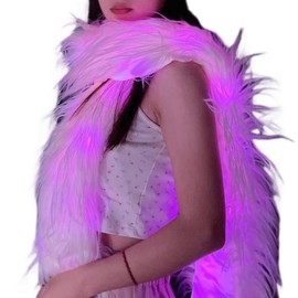 SATUMIKO LED Glow Fur Scarf, White Faux Fur, for Rave Dance Party, Men or Women