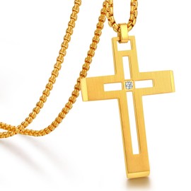 Men Cross Necklace Large Cross Necklace for Men Stainless Steel Cross Pendant Necklace Large Jesus Christ Cross Necklace 316L Stainless Steel Heavy Gold Plated Cross Necklace for Men Chain 24" ZDaoBen