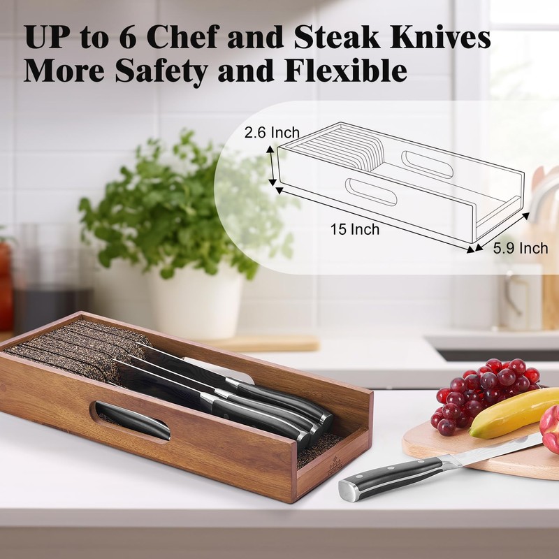 Enoking Knife Drawer Organizer Insert, In Drawer Knife Block, Acacia