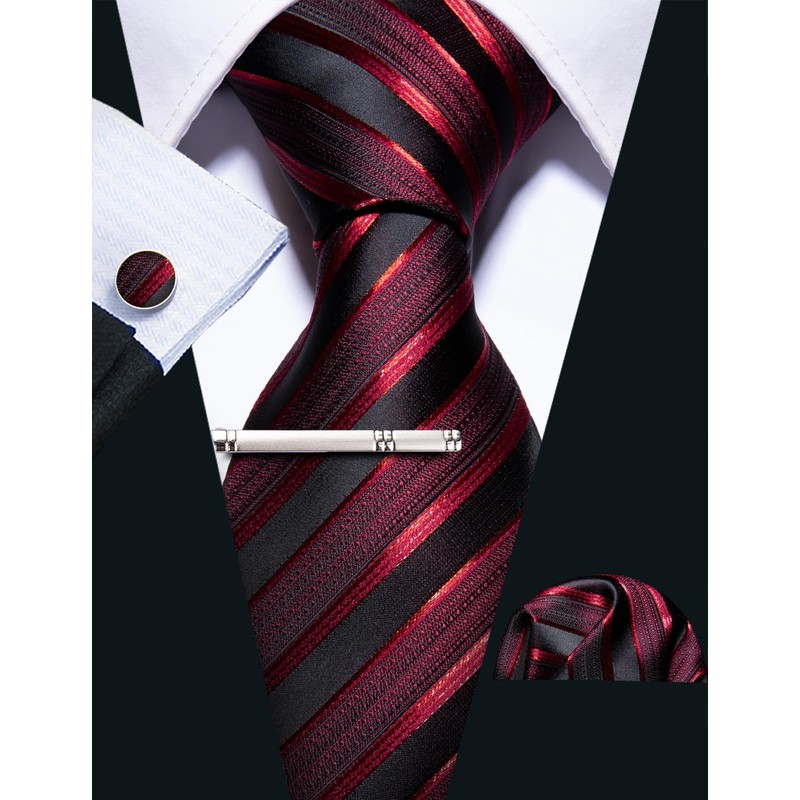 Barry.Wang Men Tie Red Black Stripes Silk Ties Pocket Sqaure