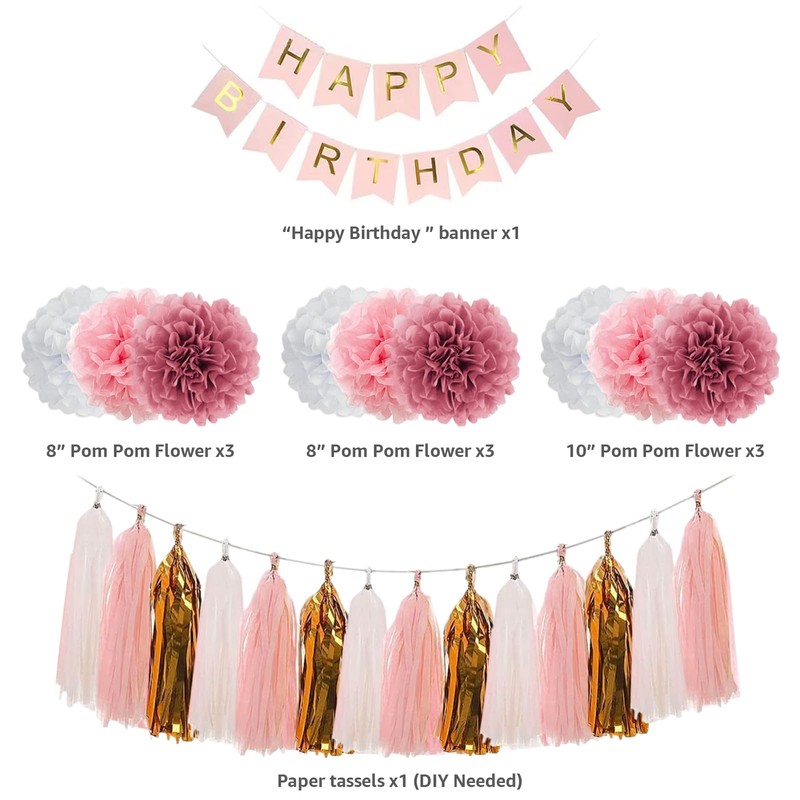 Pink Gold Birthday Party Decorations Set, pink Gold Glittery Happy